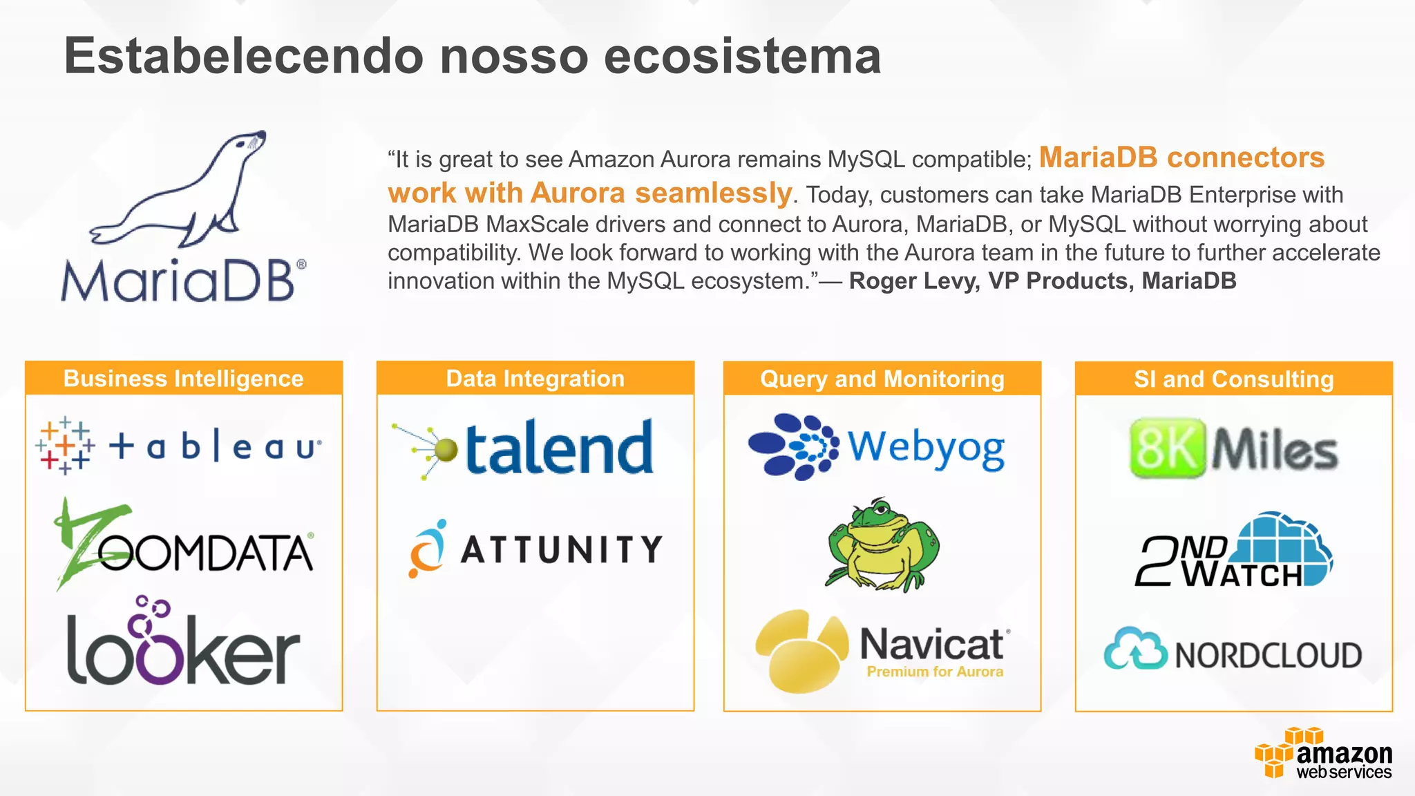 Estabelecendo nosso ecosistema
Business Intelligence Data Integration Query and Monitoring SI and Consulting
“It is great to see Amazon Aurora remains MySQL compatible; MariaDB connectors
work with Aurora seamlessly. Today, customers can take MariaDB Enterprise with
MariaDB MaxScale drivers and connect to Aurora, MariaDB, or MySQL without worrying about
compatibility. We look forward to working with the Aurora team in the future to further accelerate
innovation within the MySQL ecosystem.”— Roger Levy, VP Products, MariaDB
 