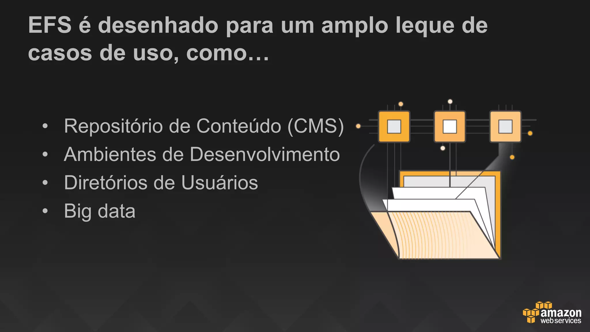 EFS é desenhado para um amplo leque de
casos de uso, como…
• Repositório de Conteúdo (CMS)
• Ambientes de Desenvolvimento
• Diretórios de Usuários
• Big data
 