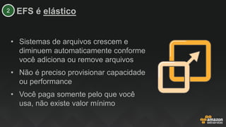 EFS é elástico
• Sistemas de arquivos crescem e
diminuem automaticamente conforme
você adiciona ou remove arquivos
• Não é preciso provisionar capacidade
ou performance
• Você paga somente pelo que você
usa, não existe valor mínimo
2
 