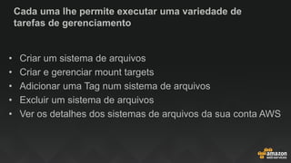 Cada uma lhe permite executar uma variedade de
tarefas de gerenciamento
• Criar um sistema de arquivos
• Criar e gerenciar mount targets
• Adicionar uma Tag num sistema de arquivos
• Excluir um sistema de arquivos
• Ver os detalhes dos sistemas de arquivos da sua conta AWS
 
