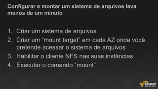 Configurar e montar um sistema de arquivos leva
menos de um minuto
1. Criar um sistema de arquivos
2. Criar um “mount target” em cada AZ onde você
pretende acessar o sistema de arquivos
3. Habilitar o cliente NFS nas suas instâncias
4. Executar o comando “mount”
 