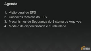 Agenda
1. Visão geral do EFS
2. Conceitos técnicos do EFS
3. Mecanismos de Segurança do Sistema de Arquivos
4. Modelo de disponibilidade e durabilidade
 