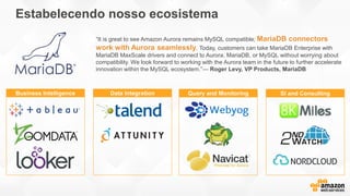 Estabelecendo nosso ecosistema
Business Intelligence Data Integration Query and Monitoring SI and Consulting
“It is great to see Amazon Aurora remains MySQL compatible; MariaDB connectors
work with Aurora seamlessly. Today, customers can take MariaDB Enterprise with
MariaDB MaxScale drivers and connect to Aurora, MariaDB, or MySQL without worrying about
compatibility. We look forward to working with the Aurora team in the future to further accelerate
innovation within the MySQL ecosystem.”— Roger Levy, VP Products, MariaDB
 