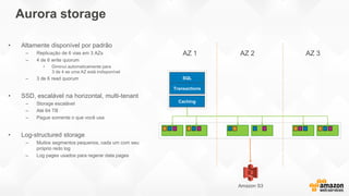 Aurora storage
• Altamente disponível por padrão
– Replicação de 6 vias em 3 AZs
– 4 de 6 write quorum
• Diminui automaticamente para
3 de 4 se uma AZ está indisponível
– 3 de 6 read quorum
• SSD, escalável na horizontal, multi-tenant
– Storage escalável
– Até 64 TB
– Pague somente o que você usa
• Log-structured storage
– Muitos segmentos pequenos, cada um com seu
próprio redo log
– Log pages usados para regerar data pages
SQL
Transactions
AZ 1 AZ 2 AZ 3
Caching
Amazon S3
 