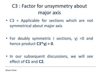Bhavin Shah
C3 : Factor for unsymmetry about
major axis
• C3 = Applicable for sections which are not
symmetrical about major axis
• For doubly symmetric I sections, yj =0 and
hence product C3*yj = 0.
• In our subsequent discussions, we will see
effect of C1 and C2.
 