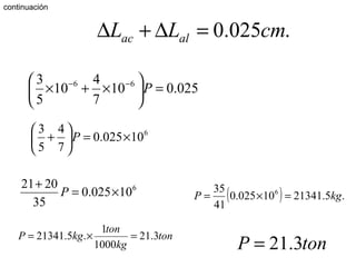 .025.0 cmLL alac =∆+∆
025.010
7
4
10
5
3 66
=





×+× −−
P
6
10025.0
7
4
5
3
×=





+ P
6
10025.0
35
2021
×=
+
P ( ) .5.2134110025.0
41
35 6
kgP =×=
ton
kg
ton
kgP 3.21
1000
1
.5.21341 =×=
tonP 3.21=
continuación
 