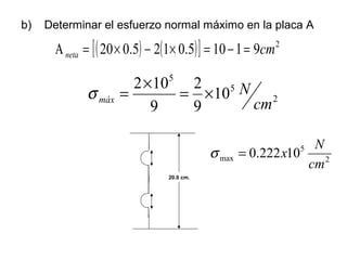 b) Determinar el esfuerzo normal máximo en la placa A
( ) ( )[ ] 2
91105.0125.020 cmneta =−=×−×=Α
2
5
5
10
9
2
9
102
cm
N
máx ×=
×
=σ
20.0 cm.
2
5
max 10222.0
cm
N
x=σ
 