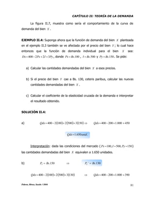 CAPÍTULO II: TEORÍA DE LA DEMANDA
Febres, Rivas, Saade / 2004 81
La figura II.7, muestra como sería el comportamiento de la curva de
demanda del bien X .
EJEMPLO II.4: Suponga ahora que la función de demanda del bien X planteada
en el ejemplo II.3 también se ve afectada por el precio del bien Y ; lo cual hace
entonces que la función de demanda individual para el bien X sea:
PyIPxDx 322400  , donde 100.BsPx  , 500.BsI  y 150.BsPy  . Se pide:
a) Calcular las cantidades demandadas del bien X a esos precios.
b) Si el precio del bien Y cae a Bs. 130, ceteris paribus, calcular las nuevas
cantidades demandadas del bien X .
c) Calcular el coeficiente de la elasticidad cruzada de la demanda e interpretar
el resultado obtenido.
SOLUCIÓN II.4:
a)      150350021002400 Qdx  450000.1200400 Qdx
.650.1 unidQdx
Interpretación: dada las condiciones del mercado ( 150,500,100  PyIPx )
las cantidades demandadas del bien X equivalen a 1.650 unidades.
b) 150.BsPY   130.´ BsPY 
     130350021002400 Qdx  390000.1200400 Qdx
 