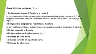 Clases de Fatiga o esfuerzo ( 𝛿 = 𝜎 )
1 Fatiga normal tensora ( Tensión a la rotura )
La barra esta sometida en sus extremos a tensiones normales iguales y opuestas T; T es
perpendicular al área o sección de la barra, se dice T es una fuerza axial. ( de axis= eje en
inglés )
2 Fatiga normal compresora ( Resistencia a la rotura )
La barra esta sometida por ambos extremos a fuerzas normales de compresión, F es axial.
3 Fatiga tangencial o de corte
4 Fatiga o esfuerzo de aplastamiento ( 𝜎𝑎𝑝 )
5 Esfuerzo de corte medio
6 Esfuerzo cortante en superficies curvas
7 Esfuerzo de adherencia
 
