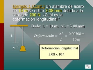 Ejemplo 1 (Cont.) Un alambre de acero
de 10 m se estira 3.08 mm debido a la
carga de 200 N. ¿Cuál es la
deformación longitudinal?
L
L
Dado: L = 10 m; L = 3.08 mm
Deformación longitudinal
3.08 x 10-4
Deformación 
L

0.00308m
L 10 m
 