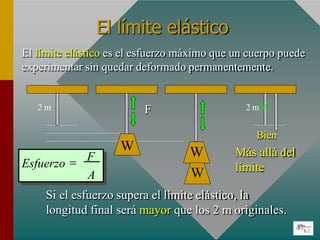 El límite elástico
El límite elástico es el esfuerzo máximo que un cuerpo puede
experimentar sin quedar deformado permanentemente.
W
W
2 m
Si el esfuerzo supera el límite elástico, la
longitud final será mayor que los 2 m originales.
Bien
Más allá del
límite
F
W
2 m
Esfuerzo  F
A
 