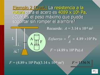 Ejemplo 2 (Cont.) La resistencia a la
rotura para el acero es 4089 x 108 Pa.
¿Cuál es el peso máximo que puede
soportar sin romper el alambre?
L
L
A
A
F
Recuerde: A = 3.14 x 10-6 m2
F = (4.89 x 108 Pa) A
F = (4.89 x 108 Pa)(3.14 x 10-6 m2) F = 1536 N
A
Esfuerzo 
F
 4.89 108
Pa
 