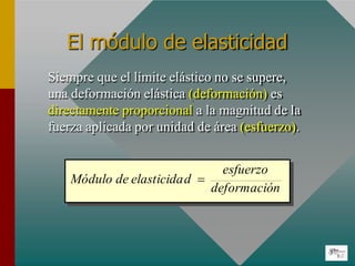 El módulo de elasticidad
Siempre que el límite elástico no se supere,
una deformación elástica (deformación) es
directamente proporcional a la magnitud de la
fuerza aplicada por unidad de área (esfuerzo).
esfuerzo
deformación
Módulo de elasticidad 
 