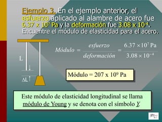 Ejemplo 3. En el ejemplo anterior, el
esfuerzo aplicado al alambre de acero fue
6.37 x 107 Pa y la deformación fue 3.08 x 10-4.
Encuentre el módulo de elasticidad para el acero.
L
L
Módulo = 207 x 109 Pa
Este módulo de elasticidad longitudinal se llama
módulo de Young y se denota con el símbolo Y.
esfuerzo 6.37 107
Pa
Módulo  
deformación 3.08  104
 