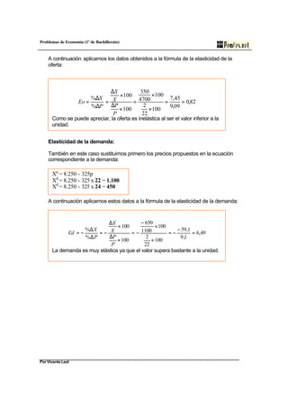 Problemas de Economía (1º de Bachillerato)
Por Vicente Leal
A continuación aplicamos los datos obtenidos a la fórmula de la elasticidad de la
oferta:
Elasticidad de la demanda:
También en este caso sustituimos primero los precios propuestos en la ecuación
correspondiente a la demanda:
A continuación aplicamos estos datos a la fórmula de la elasticidad de la demanda:
82,0
09,9
45,7
100
22
2
100
4700
350
100
100
%
%
==
×
×
=
×
∆
×
∆
=
∆
∆
=
P
P
X
X
P
X
Eo
Como se puede apreciar, la oferta es inelástica al ser el valor inferior a la
unidad.
Xd
= 8.250 - 325p
Xd
= 8.250 - 325 x 22 = 1.100
Xd
= 8.250 - 325 x 24 = 450
49,6
1,9
1,59
100
22
2
100
1100
650
100
100
%
%
=
−
−=
×
×
−
−=
×
∆
×
∆
−=
∆
∆
−=
P
P
X
X
P
X
Ed
La demanda es muy elástica ya que el valor supera bastante a la unidad.
 