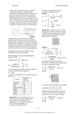 Elasticidad Hugo Medina Guzmán
22
cuando sobre él actúa una fuerza que cambia su
volumen (aumentando su longitud). Ahora,
examinaremos la deformación por cizalladura en el
que no hay cambio de volumen pero si de forma.
Definimos el esfuerzo como F/A la razón entre la
fuerza tangencial al área A de la cara sobre la que se
aplica. La deformación por cizalla, se define como la
razón Δx/h, donde Δx es la distancia horizontal que
se desplaza la cara sobre la que se aplica la fuerza y
h la altura del cuerpo, tal como vemos en la figura.
Cuando la fuerza F que actúa sobre el cuerpo es
paralela a una de las caras mientras que la otra cara
permanece fija, se presenta otro tipo de deformación
denominada de cizalladura en el que no hay cambio de
volumen pero si de forma. Si originalmente el cuerpo
tiene forma rectangular, bajo un esfuerzo cortante la
sección transversal se convierte en un paralelogramo.
El módulo de cizalladura o de rigidez G es una
propiedad mecánica de cada material
Siendo pequeños los ángulos de desplazamiento
podemos escribir
φ
φ
δ
≈
=
= tan
h
n
Deformació
φ
δ
t
S
h
A
F
n
deformació
esfuerzo
G =
=
=
La ley de Hooke para la deformación por cizalladura
se puede escribirla de modo siguiente:
φ
G
St =
El módulo de cizalladura G es característico de cada
material
Nombre
Módulo de
rigidez G
1010
N/m2
Aluminio 2,5
Cobre 4,3
Oro 3,5
Hierro, fundido 3,2
Plomo 0,6
Nickel 7,4
Acero 7,5
Latón 1,7
Ejemplo 39. Un cubo de gelatina de 30 cm
de arista tiene una cara sujeta mientras que a
la cara opuesta se le aplica una fuerza
tangencial de 1 N. La superficie a la que se
aplica la fuerza se desplaza 1 cm.
a) ¿Cuál es el esfuerzo de corte?
b) ¿Cuál es la deformación de corte?
c) ¿Cuál es el módulo de corte?
Solución.
a)
( ) 2
2
m
N
11
,
11
30
,
0
1
=
=
=
A
F
St
b) 033
,
0
30
1
=
=
Δ
=
h
x
δ
c) 33
,
333
033
,
0
11
,
11
=
=
=
δ
t
S
G
Ejemplo 40. Un cubo de acero de 5 cm de
arista se halla sometido a 4 fuerzas cortantes,
de 1200 kg, cada una, aplicadas en sentidos
opuestos sobre caras opuestas. Calcule la
deformación por cizalladura.
Solución.
G Acero al carbono = 8 x109
N/m2
φ
δ
t
S
h
A
F
n
deformació
esfuerzo
G =
=
=
( )
( )
( )2
05
,
0
8
,
9
1200
=
=
A
F
St = 4,704 x106
N/m2
Consideremos solamente las fuerzas
horizontales, estas producen una deformación
φ , como se muestra en la figura
9
6
10
8
10
704
,
4
×
×
=
=
G
St
φ = 0,588 x10-3
radianes
La cara que se muestra queda como un rombo
con ángulos ⎟
⎠
⎞
⎜
⎝
⎛
−φ
π
2
y ⎟
⎠
⎞
⎜
⎝
⎛
+φ
π
2
Consideremos ahora solamente las fuerzas
verticales, estas producen una deformación
también φ , como se muestra en la figura
9
6
10
8
10
704
,
4
×
×
=
=
G
St
φ = 0,588 x10-3
radianes
Descargado por hobert Barrera Mejia (hobert_9@hotmail.com)
lOMoARcPSD|12676045
 
