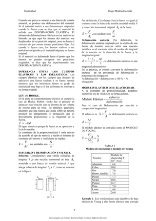 Elasticidad Hugo Medina Guzmán
2
Cuando una pieza se somete a una fuerza de tensión
uniaxial, se produce una deformación del material.
Si el material vuelve a sus dimensiones originales
cuando la fuerza cesa se dice que el material ha
sufrido una DEFORMACIÓN ELASTICA. El
número de deformaciones elásticas en un material es
limitado ya que aquí los átomos del material son
desplazados de su posición original, pero no hasta el
extremo de que tomen nuevas posiciones fijas. Así
cuando la fuerza cesa, los átomos vuelven a sus
posiciones originales y el material adquiere su forma
original.
Si el material es deformado hasta el punto que los
átomos no pueden recuperar sus posiciones
originales, se dice que ha experimentado una
DEFORMACIÓN PLASTICA.
DIFERENCIA ENTRE LOS CUERPOS
ELASTICOS Y LOS INELASTICOS. Los
cuerpos elásticos son los cuerpos que después de
aplicarles una fuerza vuelven a su forma normal
mientras que los inelásticos tienen su grado de
elasticidad muy bajo y si los deforman no vuelven a
su forma original.
LEY DE HOOKE.
En la parte de comportamiento elástico se cumple la
Ley de Hooke. Robert Hooke fue el primero en
enunciar esta relación con su invento de un volante
de resorte para un reloj. En términos generales,
encontró que una fuerza que actúa sobre un resorte
produce un alargamiento o elongación que es
directamente proporcional a la magnitud de la
fuerza.
l
Δ
−
= k
F
El signo menos es porque la fuerza es en oposición a
la deformación.
La constante de la proporcionalidad k varía mucho
de acuerdo al tipo de material y recibe el nombre de
constante del resorte o coeficiente de rigidez.
l
Δ
=
F
k , sus unidades son
m
N
.
ESFUERZO Y DEFORMACIÓN UNITARIA.
Esfuerzo. Consideremos una varilla cilíndrica de
longitud 0
l y una sección transversal de área 0
A
sometida a una fuerza de tensión uniaxial F que
alarga la barra de longitud 0
l a l , como se muestra
en la figura.
Por definición, El esfuerzo S en la barra es igual al
cociente entre la fuerza de tensión uniaxial media F
y la sección transversal original 0
A de la barra.
0
A
F
S = , sus unidades son
m
N
.
Deformación unitaria: Por definición, la
deformación unitaria originada por la acción de una
fuerza de tensión uniaxial sobre una muestra
metálica, es el cociente entre el cambio de longitud
de la muestra en la dirección de la fuerza y la
longitud original.
l
l
l
l
l Δ
=
−
= 0
δ , la deformación unitaria es una
magnitud adimensional
En la práctica, es común convertir la deformación
unitaria en un porcentaje de deformación o
porcentaje de elongación
% deformación = deformación x 100 % = %
elongación
MODULO ELASTICO O DE ELASTICIDAD.
A la constante de proporcionalidad, podemos
escribir la ley de Hooke en su forma general.
n
deformació
esfuerzo
=
Elástico
Módulo
Para el caso de Deformación por tracción o
compresión longitudinal
El esfuerzo es
A
F
S = , la deformación unitaria es
l
l
Δ
=
δ
El módulo elástico es conocido como el MODULO
DE YOUNG.
δ
S
A
F
Y =
Δ
=
l
l
TABLA I
Módulo de elasticidad o módulo de Young.
Nombre
Módulo de
elasticidad Y
1010
N/m2
Aluminio 6,8
Cobre 10,8
Oro 7,6
Hierro, fundido 7,8
Plomo 1,7
Nickel 20,6
Platino 16,7
Plata 7,4
Latón 4,6
Acero 20,0
Ejemplo 1. Los ortodoncistas usan alambres de bajo
módulo de Young y alto límite elástico para corregir
Descargado por hobert Barrera Mejia (hobert_9@hotmail.com)
lOMoARcPSD|12676045
 