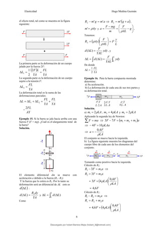 Elasticidad Hugo Medina Guzmán
8
el efecto total, tal como se muestra en la figura
siguiente:
La primera parte es la deformación de un cuerpo
jalado por la fuerza 2F:
( )
YA
FL
YA
L
F
L =
=
Δ
2
2
1
1
La segunda parte es la deformación de un cuerpo
sujeto a la tensión F:
YA
FL
L =
Δ 2
La deformación total es la suma de las
deformaciones parciales:
YA
FL
YA
FL
L
L
L +
=
Δ
+
Δ
=
Δ 2
1
=
AY
FL
2
Ejemplo 15. Si la barra se jala hacia arriba con una
fuerza F (F > mg). ¿Cuál es el alargamiento total de
la barra?
Solución.
El elemento diferencial dm se mueve con
aceleración a debido a la fuerza (R1 –R2)
Y la fuerza que lo estira es R2. Por lo tanto su
deformación será un diferencial de ΔL esto es
( )
L
d Δ :
YA
dy
R
L
d 2
)
( =
Δ y ∫ Δ
=
Δ
L
L
d
L
0
)
(
Como
a
m
g
m
R '
'
2 =
− ⇒ ( )
a
g
m
R +
= '
2 ,
Ay
m ρ
=
' y ⎟
⎟
⎠
⎞
⎜
⎜
⎝
⎛
−
=
−
= g
AL
F
m
mg
F
a
ρ
,
Tenemos:
( )
L
y
F
AL
F
Ay
R =
⎟
⎟
⎠
⎞
⎜
⎜
⎝
⎛
=
ρ
ρ
2
ydy
YAL
F
L
d =
Δ )
( , y
∫
∫ =
Δ
=
Δ
L
ydy
YAL
F
L
d
L
0
)
(
De donde
YA
FL
L
2
1
=
Δ
Ejemplo 16. Para la barra compuesta mostrada
determine:
a) Su aceleración.
b) La deformación de cada una de sus tres partes y
su deformación total.
Solución.
a) LA
m ρ
2
1 = , LA
m ρ
4
2 = y LA
m ρ
2
3 =
Aplicando la segunda ley de Newton:
∑ = ma
F ⇒ ( )a
m
m
m
F
F 3
2
1
7
3 +
+
=
−
⇒ LAa
F ρ
10
4 =
−
⇒
LA
F
a
ρ
4
,
0
−
=
El conjunto se mueve hacia la izquierda.
b) La figura siguiente muestra los diagramas del
cuerpo libre de cada uno de los elementos del
conjunto.
Tomando como positivo hacia la izquierda.
Cálculo de R2:
a
m
F
R 3
2 3 =
− ⇒
a
m
F
R 3
2 3 +
=
= ( ) ⎟
⎟
⎠
⎞
⎜
⎜
⎝
⎛
+
LA
F
LA
F
ρ
ρ
4
,
0
4
3
= F
6
,
4
Cálculo de R1:
a
m
R
R 2
2
1 =
− ⇒
a
m
R
R 2
2
1 +
=
= ( ) ⎟
⎟
⎠
⎞
⎜
⎜
⎝
⎛
+
LA
F
LA
F
ρ
ρ
4
,
0
4
6
,
4
Descargado por hobert Barrera Mejia (hobert_9@hotmail.com)
lOMoARcPSD|12676045
 