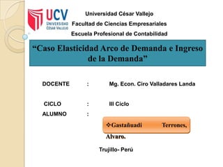 Universidad César Vallejo
Facultad de Ciencias Empresariales
Escuela Profesional de Contabilidad
DOCENTE : Mg. Econ. Ciro Valladares Landa
CICLO : III Ciclo
ALUMNO :
“Caso Elasticidad Arco de Demanda e Ingreso
de la Demanda”
Gastañuadi Terrones,
Alvaro.
Trujillo- Perú
 