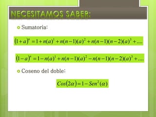  Sumatoria:
 Coseno del doble:
  ....))(2)(1())(1()(11 321
 annnannana
n
  ....))(2)(1())(1()(11 321
 annnannana
n
  )(12 2
 SenCos 
 
