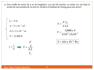 Lo = 4 m
A= 5 x 10 – 5 m2
 L= 2 x 10 – 3 m
F = 12 000 N
LA
LF
Y o


35
102105
412000


xxx
x
Y
Y = 4,8 x 10 11 Pa
Mg. John Cubas Sánchez 25

e
Y
oL
L
A
F
Y


4. Una varilla de acero de 4 m de longitud y 0,5 cm2 de sección, se estira 0,2 cm bajo la
acción de una tensión de 12 000 N. ¿Cuál es el módulo de Young para este acero?
 