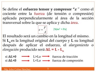Mg. John Cubas Sánchez 5
Se define el esfuerzo tensor y compresor “e ” como el
cociente entre la fuerza (de tensión o compresión)
aplicada perpendicularmente al área de la sección
transversal sobre la que se aplica y dicha área.
El resultado será un cambio en la longitud el mismo.
Si Lo es la longitud original del cuerpo y L su longitud
después de aplicar el esfuerzo, el alargamiento o
elongación producido será ΔL = L - Lo
A
F
e [N/m2 = Pa]
si ΔL>0 L>Lo fuerza de tracción
si ΔL<0 L<Lo fuerza de compresión
 
