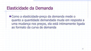 Elasticidade da Demanda
Como a elasticidade-preço da demanda mede o
quanto a quantidade demandada muda em resposta a
uma mudança nos preços, ela está intimamente ligada
ao formato da curva de demanda
11
 
