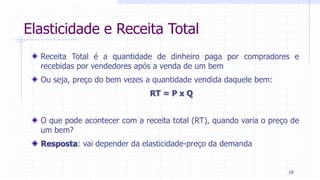 Elasticidade e Receita Total
Receita Total é a quantidade de dinheiro paga por compradores e
recebidas por vendedores após a venda de um bem
Ou seja, preço do bem vezes a quantidade vendida daquele bem:
RT = P x Q
O que pode acontecer com a receita total (RT), quando varia o preço de
um bem?
Resposta: vai depender da elasticidade-preço da demanda
18
 