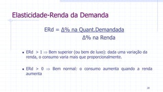 Elasticidade-Renda da Demanda
ERd = ∆% na Quant.Demandada
∆% na Renda
 ERd > 1  Bem superior (ou bem de luxo): dada uma variação da
renda, o consumo varia mais que proporcionalmente.
 ERd > 0  Bem normal: o consumo aumenta quando a renda
aumenta
28
 