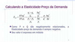 Calculando a Elasticidade-Preço da Demanda
7
Como P e Q são negativamente relacionados, a
Elasticidade-preço da demanda é sempre negativa.
Seu valor é expresso em módulo
1 0
1 0
0
%
%
d
i
d d d
i o i i i
pd d
ii i
i
q q q
q q q p q
E
p p pp q p
p p
 
 
   
  
 