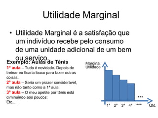 Utilidade Marginal
Exemplo: Aulas de Tênis
1ª aula – Tudo é novidade. Depois de
treinar eu ficaria louco para fazer outras
coisas;
2ª aula – Seria um prazer considerável,
mas não tanto como a 1ª aula;
3ª aula – O meu apetite por tênis está
diminuindo aos poucos;
Etc....
• Utilidade Marginal é a satisfação que
um indivíduo recebe pelo consumo
de uma unidade adicional de um bem
ou serviço.
Utilidade
Marginal
Qtd.
1ª 2ª 3ª 4ª
...
...
 