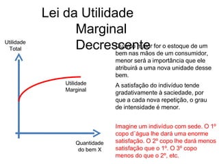 Lei da Utilidade
Marginal
Decrescente
Quanto maior for o estoque de um
bem nas mãos de um consumidor,
menor será a importância que ele
atribuirá a uma nova unidade desse
bem.
Utilidade
Total
Quantidade
do bem X
Utilidade
Marginal
A satisfação do indivíduo tende
gradativamente à saciedade, por
que a cada nova repetição, o grau
de intensidade é menor.
Imagine um indivíduo com sede. O 1º
copo d´água lhe dará uma enorme
satisfação. O 2º copo lhe dará menos
satisfação que o 1º. O 3º copo
menos do que o 2º, etc.
 