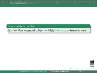 Conceito Elast. Preço Demanda Receita Total Elast. Cruzd. Demanda Elast. Renda Demanda Elast. Preço Oferta Exercícios
Essencialidade do Bem
Quanto Mais essencial o bem → Mais inelástica a demanda será
Departamento de Economia - DECON Elasticidade de Mercado 14 / 33
 