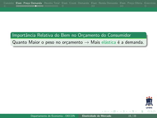 Conceito Elast. Preço Demanda Receita Total Elast. Cruzd. Demanda Elast. Renda Demanda Elast. Preço Oferta Exercícios
Importância Relativa do Bem no Orçamento do Consumidor
Quanto Maior o peso no orçamento → Mais elástica é a demanda.
Departamento de Economia - DECON Elasticidade de Mercado 15 / 33
 