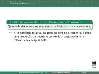 Conceito Elast. Preço Demanda Receita Total Elast. Cruzd. Demanda Elast. Renda Demanda Elast. Preço Oferta Exercícios
Importância Relativa do Bem no Orçamento do Consumidor
Quanto Maior o peso no orçamento → Mais elástica é a demanda.
+ A importância relativa, ou peso do bem no orçamento, é dada
pela proporção de quanto o consumidor gasta no bem, em
relação a sua despesa total.
Departamento de Economia - DECON Elasticidade de Mercado 15 / 33
 