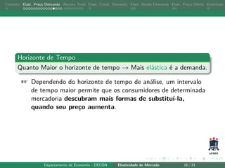 Conceito Elast. Preço Demanda Receita Total Elast. Cruzd. Demanda Elast. Renda Demanda Elast. Preço Oferta Exercícios
Horizonte de Tempo
Quanto Maior o horizonte de tempo → Mais elástica é a demanda.
+ Dependendo do horizonte de tempo de análise, um intervalo
de tempo maior permite que os consumidores de determinada
mercadoria descubram mais formas de substituí-la,
quando seu preço aumenta.
Departamento de Economia - DECON Elasticidade de Mercado 16 / 33
 