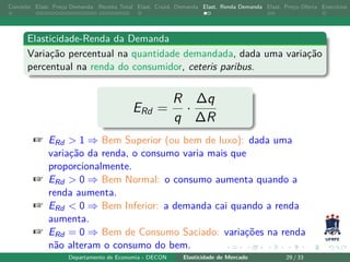 Conceito Elast. Preço Demanda Receita Total Elast. Cruzd. Demanda Elast. Renda Demanda Elast. Preço Oferta Exercícios
Elasticidade-Renda da Demanda
Variação percentual na quantidade demandada, dada uma variação
percentual na renda do consumidor, ceteris paribus.
ERd =
R
q
·
∆q
∆R
+ ERd > 1 ⇒ Bem Superior (ou bem de luxo): dada uma
variação da renda, o consumo varia mais que
proporcionalmente.
+ ERd > 0 ⇒ Bem Normal: o consumo aumenta quando a
renda aumenta.
+ ERd < 0 ⇒ Bem Inferior: a demanda cai quando a renda
aumenta.
+ ERd = 0 ⇒ Bem de Consumo Saciado: variações na renda
não alteram o consumo do bem.
Departamento de Economia - DECON Elasticidade de Mercado 29 / 33
 