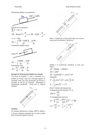 Elasticidad Hugo Medina Guzmán
11
Estiramiento debido a la aceleración:
Calculo de la aceleración.
maF =∑ ⇒
a
g
W
WW =− º37sen2 ⇒ a
g
W
WW =− 6,02
⇒ ga 4,1=
( )
YL
W
YL
LWW
La
7,06,02
2
1
2
=
−
=Δ
Estiramiento debido al peso:
YL
W
YL
WL
Lp
3,06,0
2
1
2
==Δ
Estiramiento total:
YL
W
YL
W
YL
L =+=Δ
3,07,0
Ejemplo 19. Deformación debido a la rotación
Una barra de longitud l , área A, densidad ρ y
módulo de Young Y gira con velocidad angular ω
constante sobre una mesa horizontal sin fricción y
pivotado en uno de sus extremos. Determinar el
alargamiento producido. ¿Cuál será el esfuerzo
máximo?
Solución.
El elemento diferencial se alarga ( )lΔd , debido a
la fuerza centrípeta producida por la masa restante
hacia el extremo opuesto al pivote.
Parte 1: Cálculo de la fuerza total sobre una sección
transversal a la distancia r del pivote.
Debido a la aceleración centrípeta se tiene una
fuerza:
( ) ( ) rdmadmdF c
2
ω==
'Adrdm ρ=
( ) '''' 22
drrArAdrdF ωρωρ ==
Integrando:
∫∫ ==
ll
rr
rdrAdrrAF 22
'' ωρωρ
( )222
2
1
rAF −= lωρ
Parte 2: Cálculo del alargamiento
El alargamiento del elemento dr es:
( )
YA
Fdr
d =Δl
Y el alargamiento total será:
( )∫∫ −==Δ
ll
ll
rr
drr
YA
A
YA
Fdr 22
2
2
ωρ
3
1
)
3
-(
2
323
3
2
YY
ll
ll
ρωρω
==Δ
 