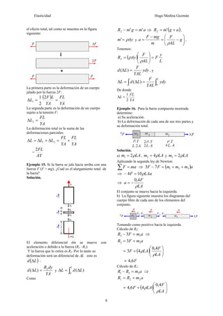 Elasticidad Hugo Medina Guzmán
8
el efecto total, tal como se muestra en la figura
siguiente:
La primera parte es la deformación de un cuerpo
jalado por la fuerza 2F:
( )
YA
FL
YA
LF
L ==Δ
2
2
1
1
La segunda parte es la deformación de un cuerpo
sujeto a la tensión F:
YA
FL
L =Δ 2
La deformación total es la suma de las
deformaciones parciales:
YA
FL
YA
FL
LLL +=Δ+Δ=Δ 21
=
AY
FL2
Ejemplo 15. Si la barra se jala hacia arriba con una
fuerza F (F > mg). ¿Cuál es el alargamiento total de
la barra?
Solución.
El elemento diferencial dm se mueve con
aceleración a debido a la fuerza (R1 –R2)
Y la fuerza que lo estira es R2. Por lo tanto su
deformación será un diferencial de ΔL esto es
( )Ld Δ :
YA
dyR
Ld 2
)( =Δ y ∫ Δ=Δ
L
LdL
0
)(
Como
amgmR ''2 =− ⇒ ( )agmR += '2 ,
Aym ρ=' y ⎟⎟
⎠
⎞
⎜⎜
⎝
⎛
−=
−
= g
AL
F
m
mgF
a
ρ
,
Tenemos:
( )
L
y
F
AL
F
AyR =⎟⎟
⎠
⎞
⎜⎜
⎝
⎛
=
ρ
ρ2
ydy
YAL
F
Ld =Δ )( , y
∫∫ =Δ=Δ
L
ydy
YAL
F
LdL
0
)(
De donde
YA
FL
L
2
1
=Δ
Ejemplo 16. Para la barra compuesta mostrada
determine:
a) Su aceleración.
b) La deformación de cada una de sus tres partes y
su deformación total.
Solución.
a) LAm ρ21 = , LAm ρ42 = y LAm ρ23 =
Aplicando la segunda ley de Newton:
∑ = maF ⇒ ( )ammmFF 32173 ++=−
⇒ LAaF ρ104 =−
⇒
LA
F
a
ρ
4,0
−=
El conjunto se mueve hacia la izquierda.
b) La figura siguiente muestra los diagramas del
cuerpo libre de cada uno de los elementos del
conjunto.
Tomando como positivo hacia la izquierda.
Cálculo de R2:
amFR 32 3 =− ⇒
amFR 32 3 +=
= ( ) ⎟⎟
⎠
⎞
⎜⎜
⎝
⎛
+
LA
F
LAF
ρ
ρ
4,0
43
= F6,4
Cálculo de R1:
amRR 221 =− ⇒
amRR 221 +=
= ( ) ⎟⎟
⎠
⎞
⎜⎜
⎝
⎛
+
LA
F
LAF
ρ
ρ
4,0
46,4
 