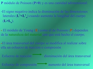 P módulo de Poisson (P>0) y es una cantidad adimensional. 

-El signo negativo indica la disminución de las dimensiones  
  laterales (L’<L’o) cuando aumenta la longitud del cuerpo    
  (L>Lo). 

- El módulo de Young (E) como el de Poisson (P) dependen 
de la naturaleza del material con que está hecho el cuerpo. 
 
-El área transversal del cuerpo se modifica al realizar sobre 
ella un esfuerzo de tracción o compresión
 
 Esfuerzo de tracción              disminución del área transversal

 Esfuerzo de compresión             aumento del área transversal
 