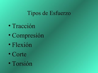 Tipos de Esfuerzo

• Tracción
• Compresión
• Flexión
• Corte
• Torsión
 