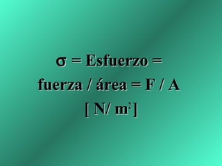 σ = Esfuerzo =
fuerza / área = F / A
       [ N/ m ]
             2
 