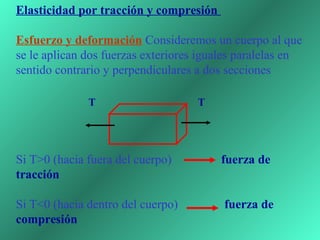 Elasticidad por tracción y compresión

Esfuerzo y deformación Consideremos un cuerpo al que 
se le aplican dos fuerzas exteriores iguales paralelas en 
sentido contrario y perpendiculares a dos secciones  
                                                    
                    T                                T
 


Si T>0 (hacia fuera del cuerpo)                fuerza de
tracción

Si T<0 (hacia dentro del cuerpo)               fuerza de
compresión
 
