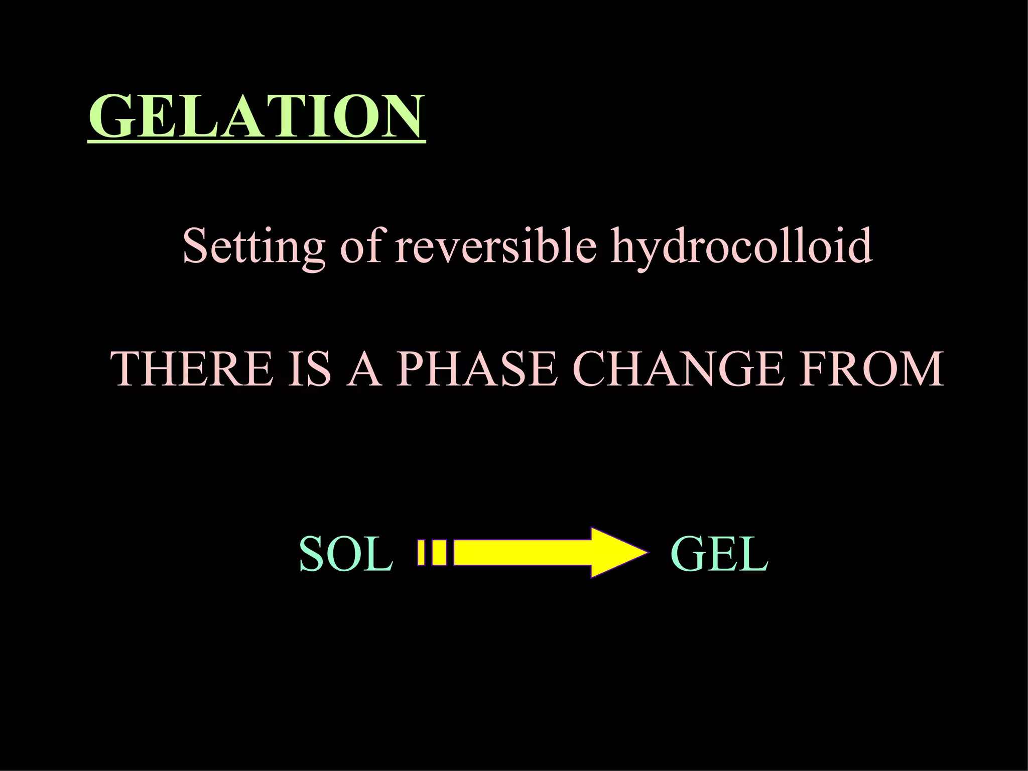GELATION Setting of reversible hydrocolloid THERE IS A PHASE CHANGE FROM SOL   GEL 