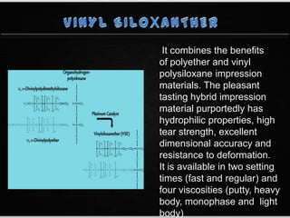 It combines the benefits
of polyether and vinyl
polysiloxane impression
materials. The pleasant
tasting hybrid impression
material purportedly has
hydrophilic properties, high
tear strength, excellent
dimensional accuracy and
resistance to deformation.
It is available in two setting
times (fast and regular) and
four viscosities (putty, heavy
body, monophase and light
body)
 
