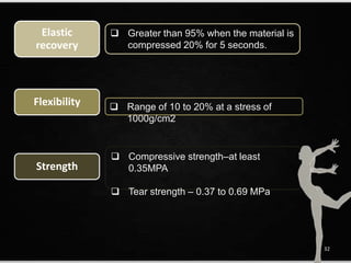 Elastic
recovery
 Greater than 95% when the material is
compressed 20% for 5 seconds.
Flexibility  Range of 10 to 20% at a stress of
1000g/cm2
Strength
 Compressive strength–at least
0.35MPA
 Tear strength – 0.37 to 0.69 MPa
32
 