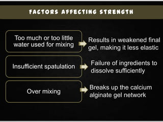 Factors affecting strength
Too much or too little
water used for mixing
Insufficient spatulation
Over mixing
Failure of ingredients to
dissolve sufficiently
Breaks up the calcium
alginate gel network
Results in weakened final
gel, making it less elastic
 