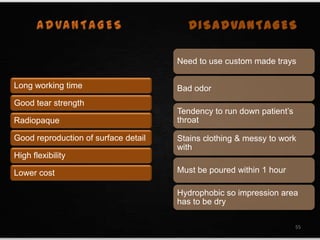 Long working time
Good tear strength
Radiopaque
Good reproduction of surface detail
High flexibility
Lower cost
Need to use custom made trays
Bad odor
Tendency to run down patient’s
throat
Stains clothing & messy to work
with
Must be poured within 1 hour
Hydrophobic so impression area
has to be dry
DISADVANTAGES
55
 