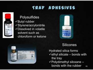 Silicones
Polysulfides
Butyl rubber
Styrene/acrylonitrile
Dissolved in volatile
solvent such as
chloroform or ketone
Hydrated silica forms
ethyl silicate – bonds with
the tray
Polydimethyl siloxane –
bonds with the rubber 69
 