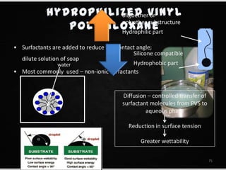 • Surfactants are added to reduce the contact angle;
dilute solution of soap
• Most commonly used – non-ionic surfactants
oligoether or
polyether substructure
Hydrophilic part
Silicone compatible
Hydrophobic part
PVS
Diffusion – controlled transfer of
surfactant molecules from PVS to
aqueous phase
Reduction in surface tension
Greater wettability
75
water
 
